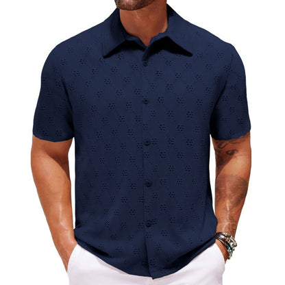 Men’s Hollow Jacquard Short-Sleeve Shirt – Breathable Summer Knit