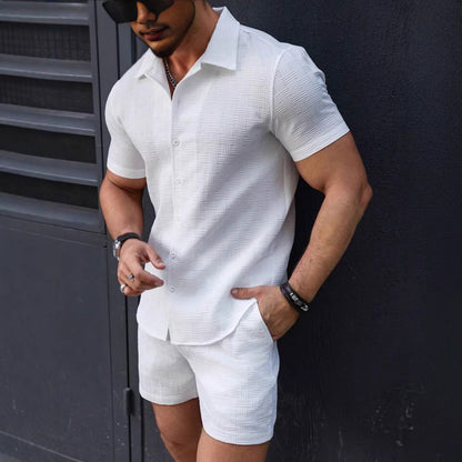 Men’s Vintage Textured Two-Piece Beach Set – Casual Short-Sleeve Shirt & Shorts