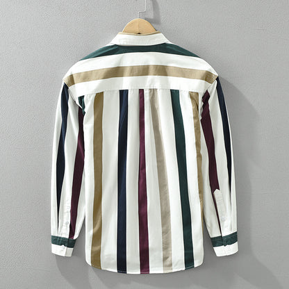 Men’s Loose Striped Long Sleeve Shirt – Artistic Square-Collar Casual Top