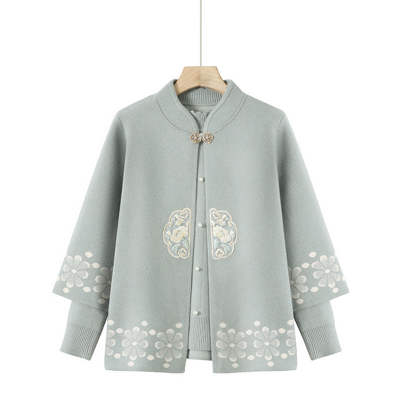Middle-aged And Elderly Women's Knitting Sweater Cardigan Autumn And Winter Two-piece Set