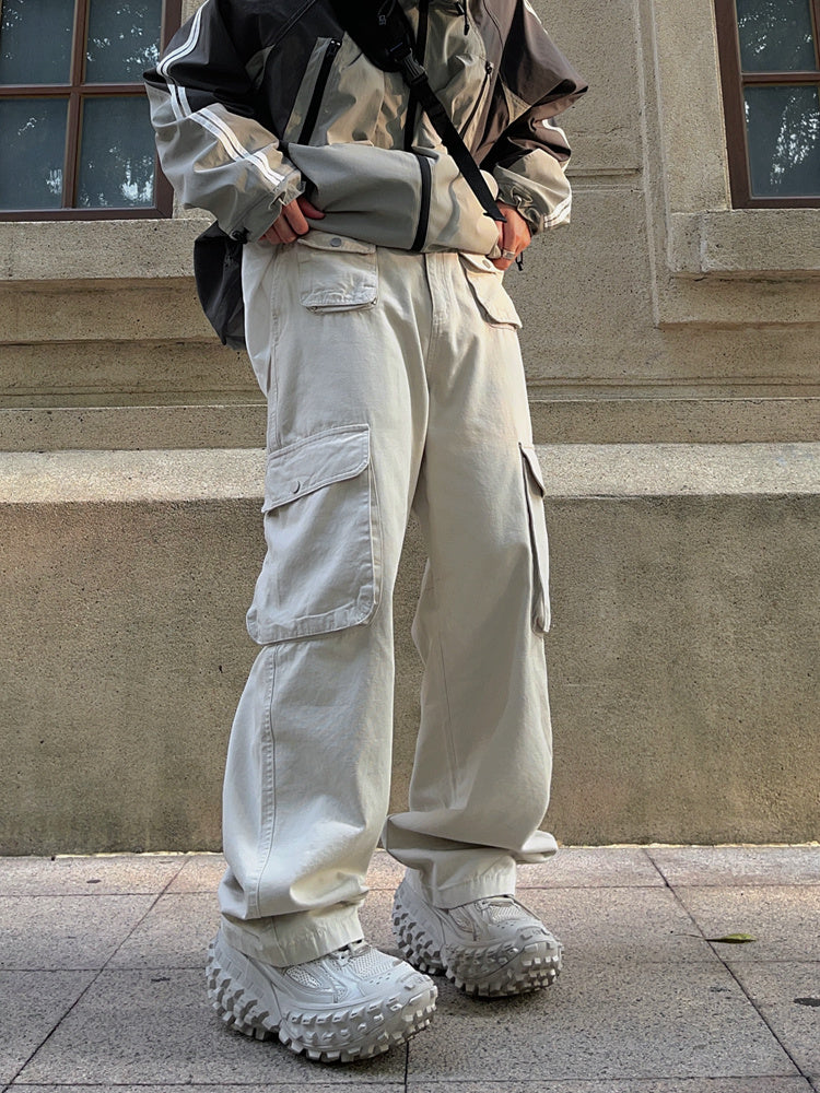 Men's Retro Brown Loose-Fit Overalls – Multi-Pocket American Streetwear