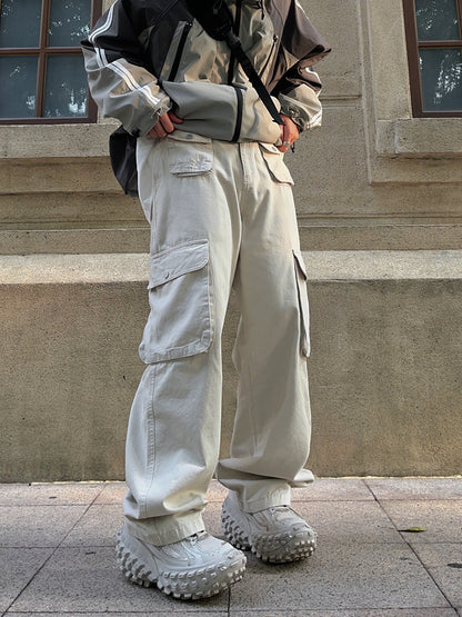 Men's Retro Brown Loose-Fit Overalls – Multi-Pocket American Streetwear
