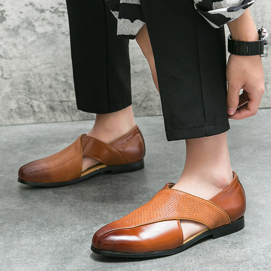 Men's Hollow Pattern Summer Woven Leather Sandals – Breathable Casual Style
