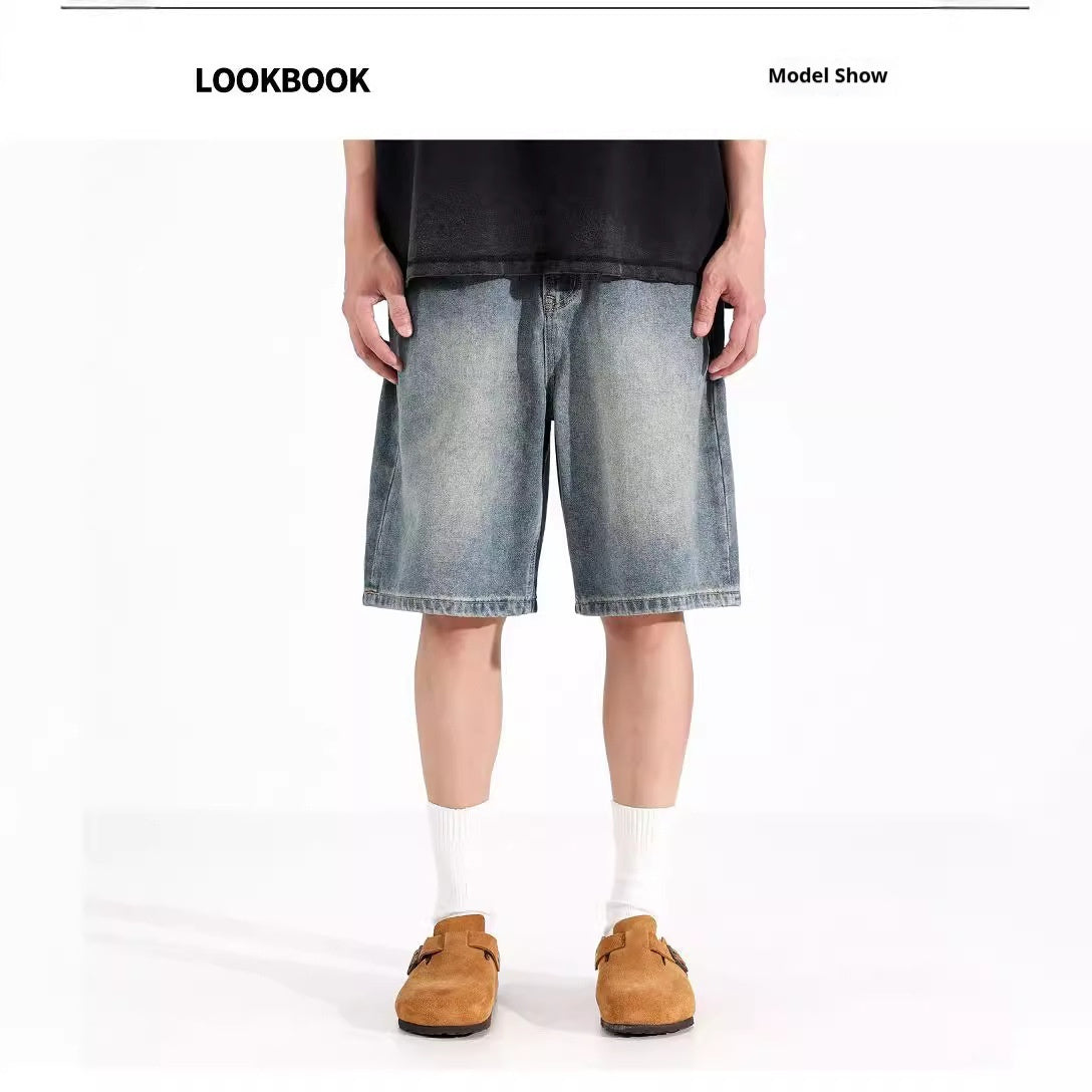 Men’s All-Match Washed Denim Loose Straight Sports Shorts – Casual Low-Waist Overalls Style