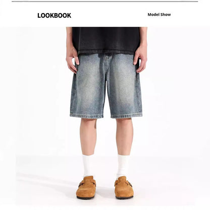 Men’s All-Match Washed Denim Loose Straight Sports Shorts – Casual Low-Waist Overalls Style