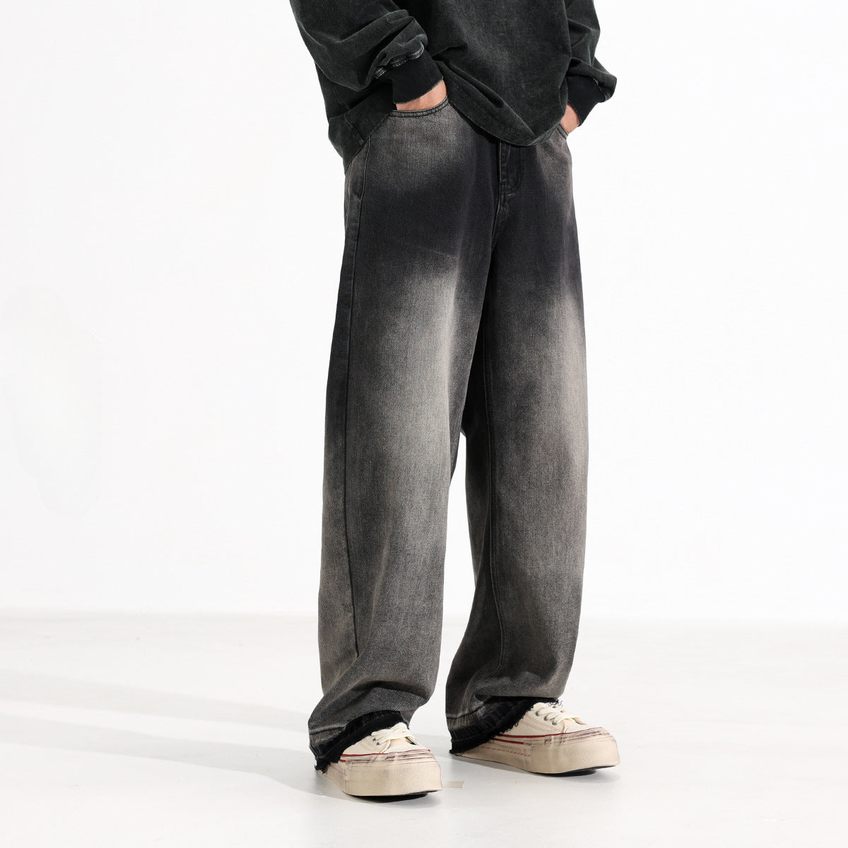 Men’s Heavy Washed American Style Wide-Leg Jeans – Black & Gray Vintage Denim