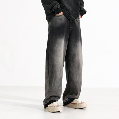 Men’s Heavy Washed American Style Wide-Leg Jeans – Black & Gray Vintage Denim