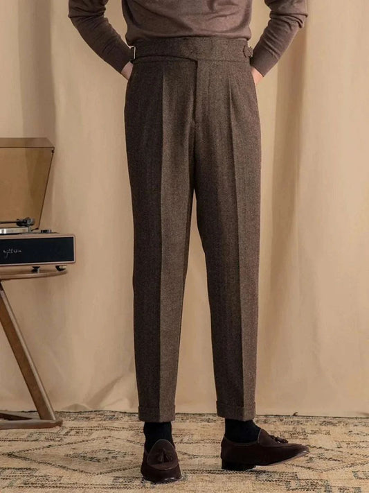 Antonio's Vintage Wool Herringbone Pants for Men – Classic High-Waist Trousers in Timeless Design