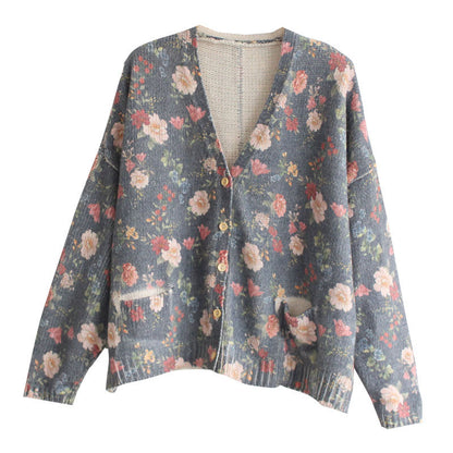 V-neck long sleeve printed knit cardigan sweater