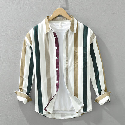 Men’s Loose Striped Long Sleeve Shirt – Artistic Square-Collar Casual Top