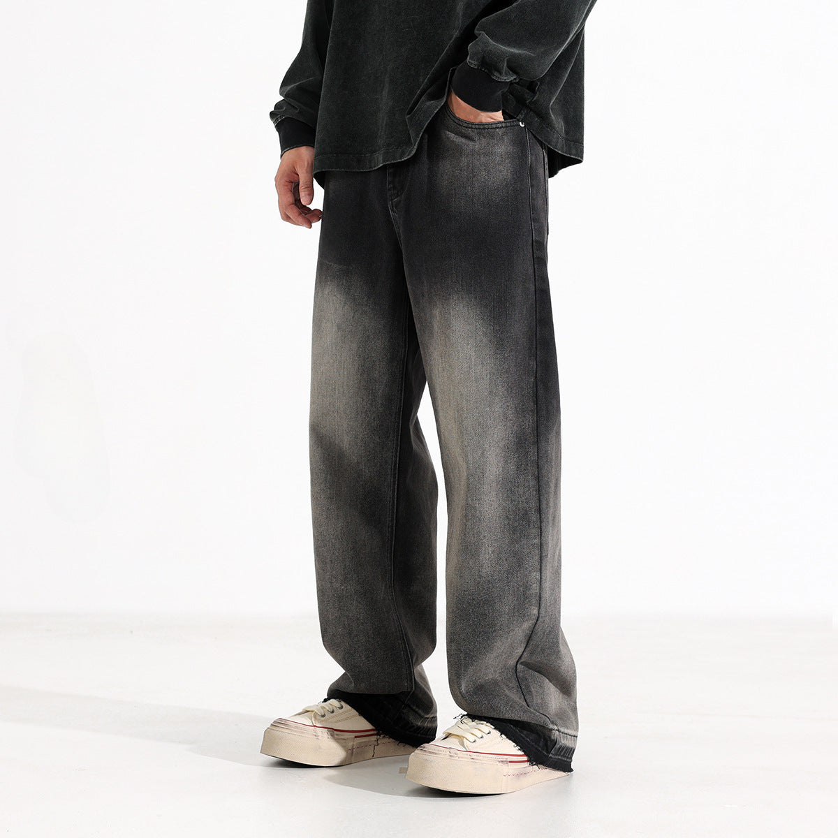 Men’s Heavy Washed American Style Wide-Leg Jeans – Black & Gray Vintage Denim