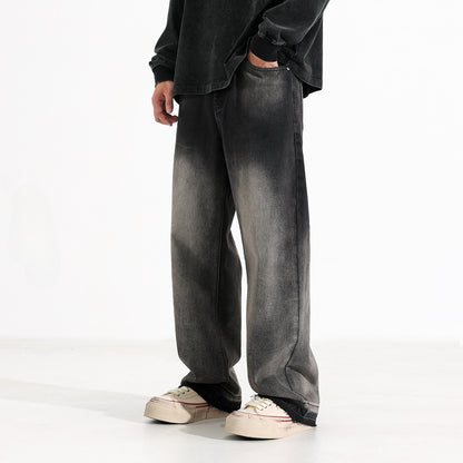Men’s Heavy Washed American Style Wide-Leg Jeans – Black & Gray Vintage Denim