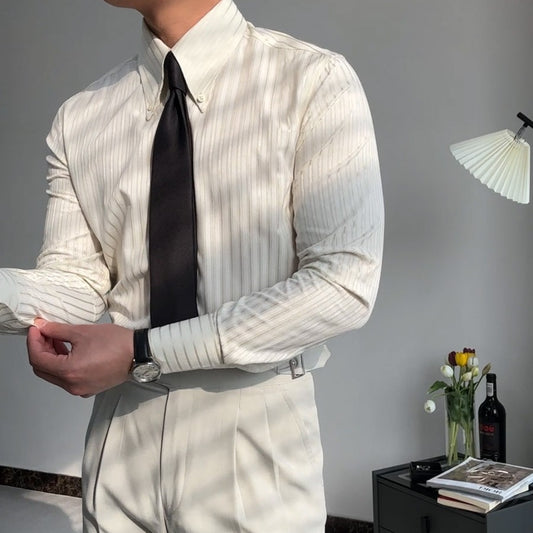 Men’s Spring Pointed-Collar Striped Business Shirt – Lightweight Leisure Style