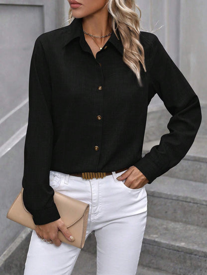 Women's Casual Single-breasted Solid Color Color Matching Long Sleeve Lapel Shirt
