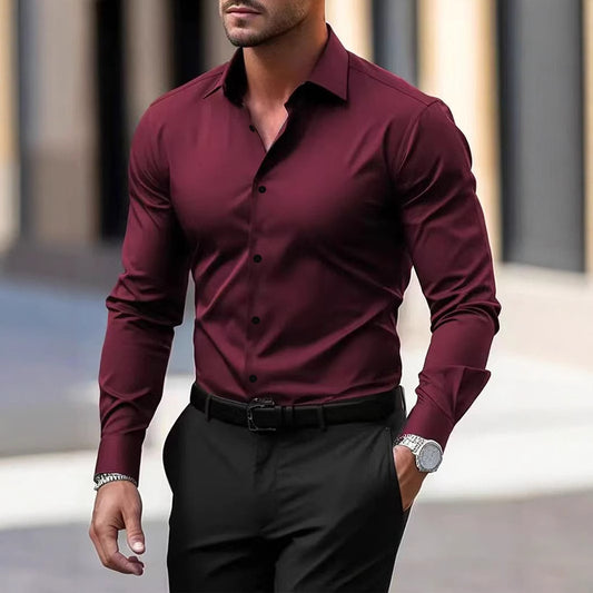Men’s Solid-Color Long-Sleeve Button-Down Shirt – Business & Vacation Style
