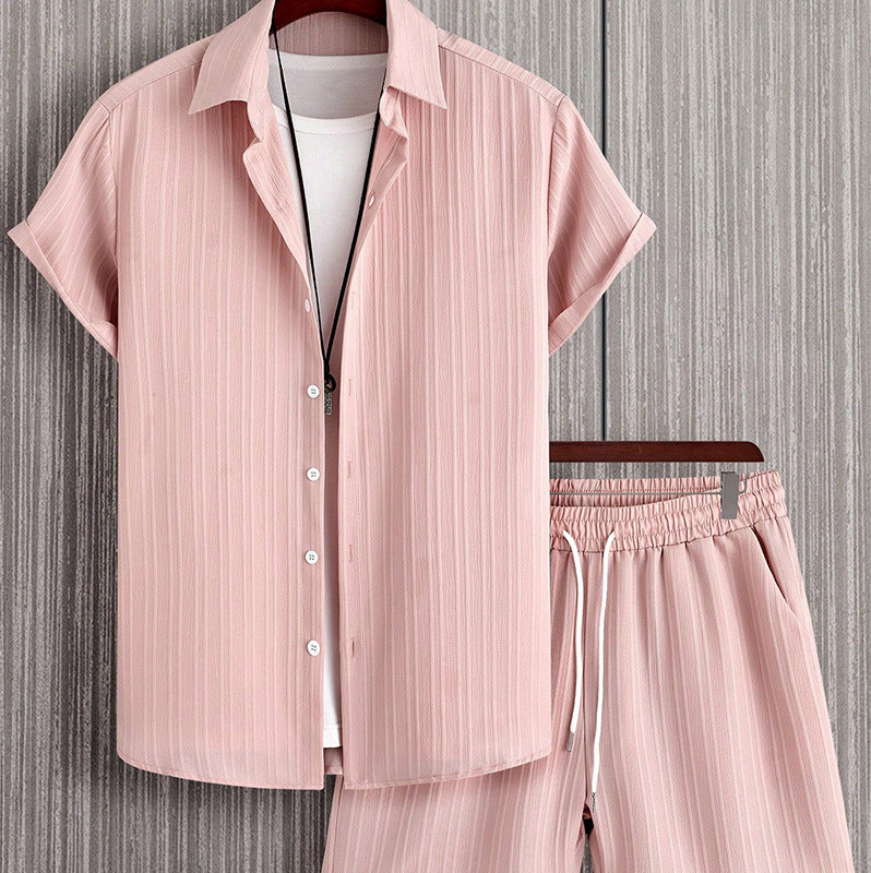 Men’s Striped Short-Sleeve Lapel Shirt & Shorts Set – Lightweight Summer Co-Ord