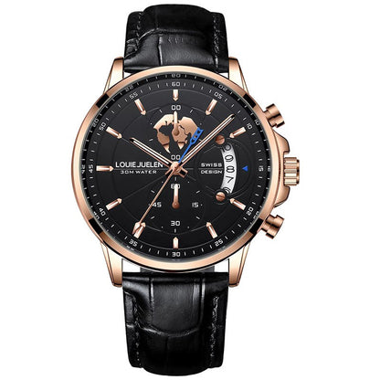 Business Three-eye Timing Leather Luminous Watch Steel Band