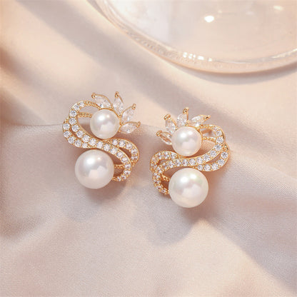 Silver Needle Pearl Earrings S-shaped Drop Zircon Temperament