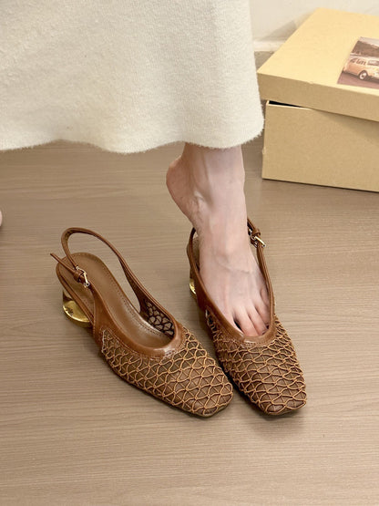 Square Toe Woven Toe Cap Slingback Sandals Women