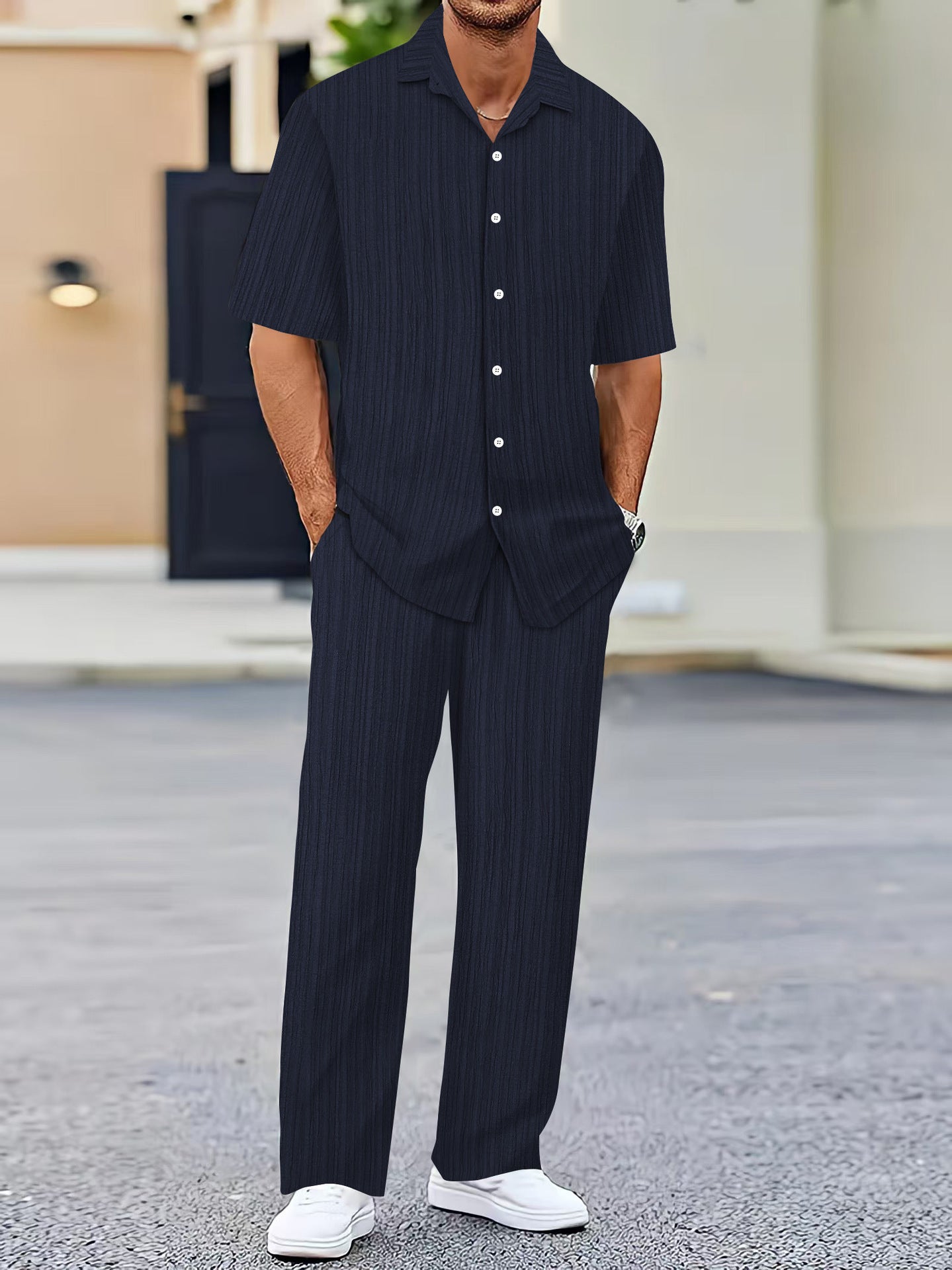 Men’s Solid-Color Short-Sleeve Fashion Suit – Lightweight Summer Two-Piece Set
