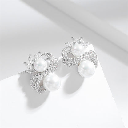 Silver Needle Pearl Earrings S-shaped Drop Zircon Temperament