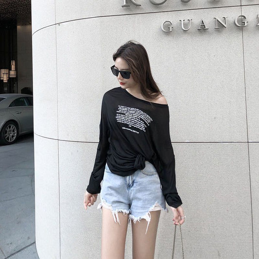 Retro Alphabet Long Sleeve Loose Slimming Thin Pullover Sun Protection Shirt