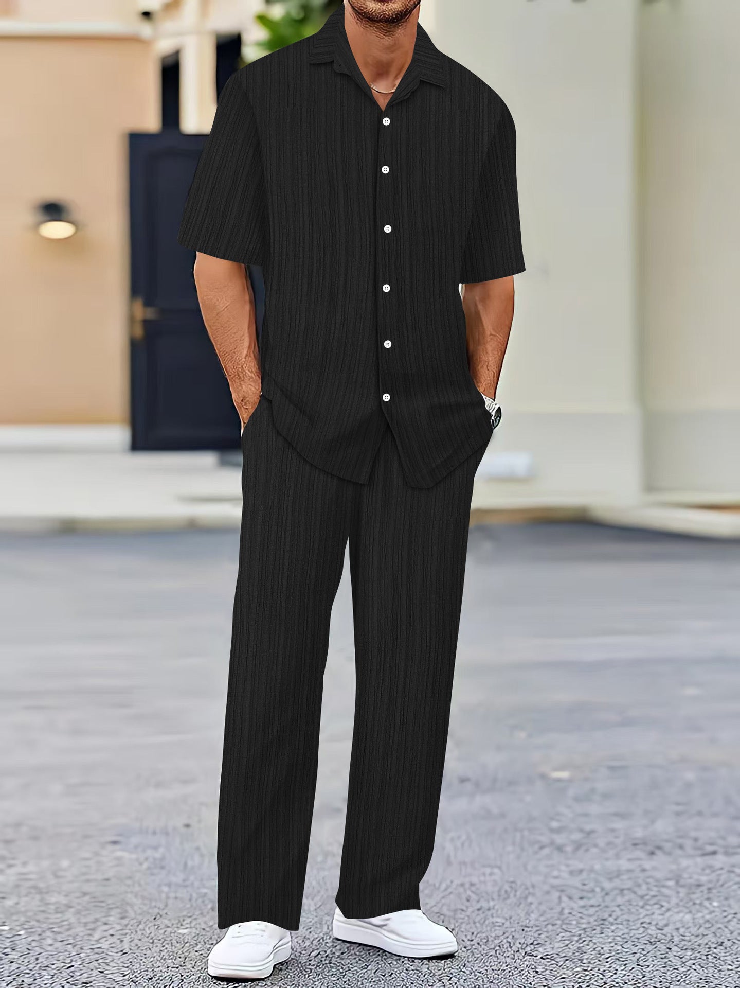 Men’s Solid-Color Short-Sleeve Fashion Suit – Lightweight Summer Two-Piece Set