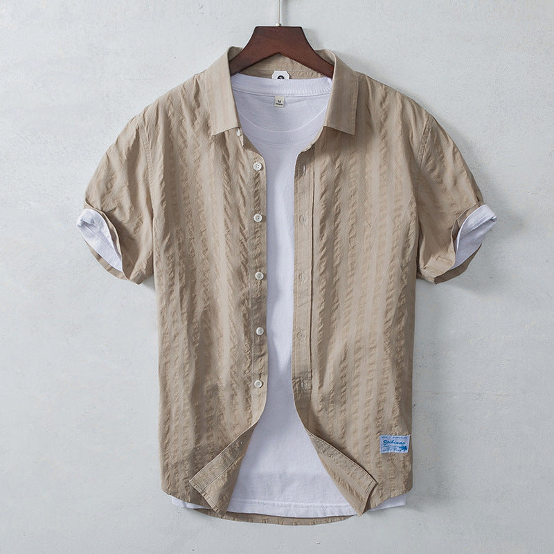 Men’s Leisure Dark Striped Thin Short Sleeve Pure Cotton Shirt – Casual Fit