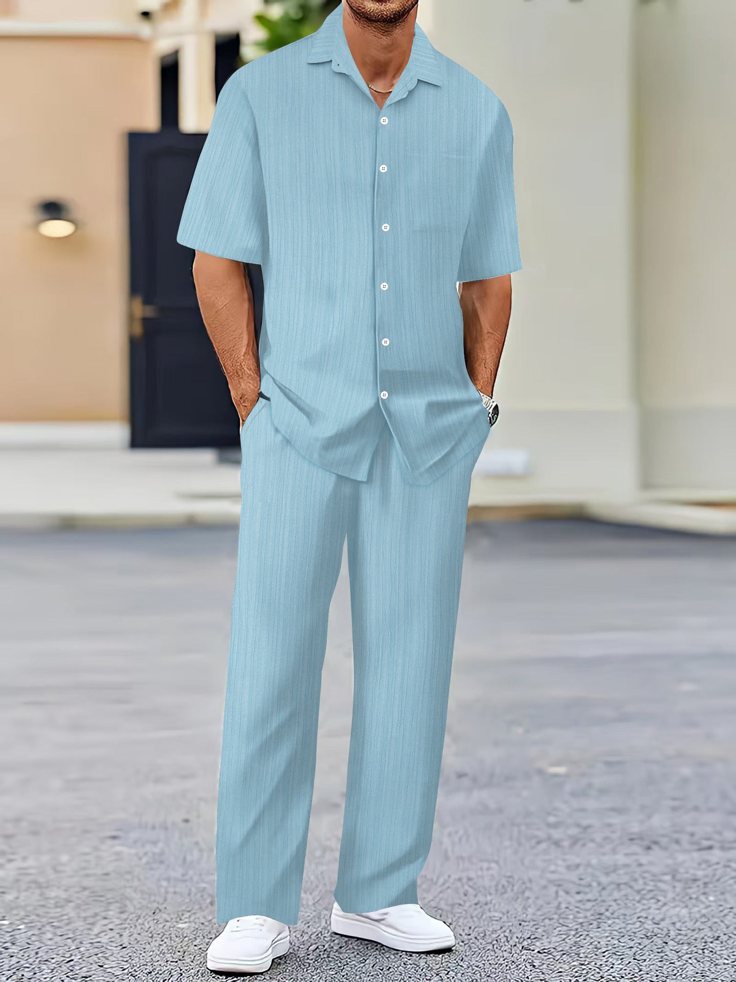 Men’s Solid-Color Short-Sleeve Fashion Suit – Lightweight Summer Two-Piece Set
