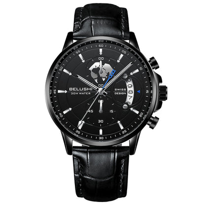 Business Three-eye Timing Leather Luminous Watch Steel Band