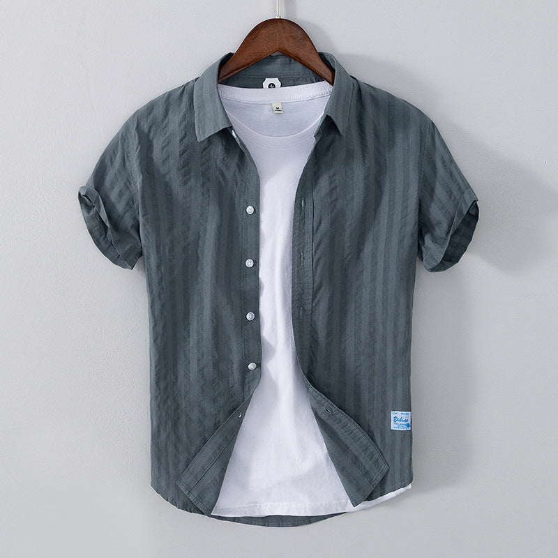 Men’s Leisure Dark Striped Thin Short Sleeve Pure Cotton Shirt – Casual Fit