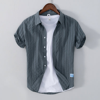Men’s Leisure Dark Striped Thin Short Sleeve Pure Cotton Shirt – Casual Fit