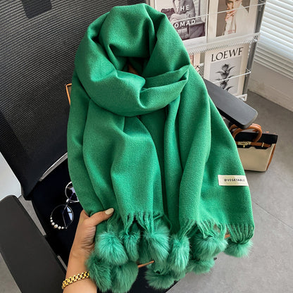 Beige Artificial Cashmere Scarf Fur Ball Winter Warm Tassel Shawl