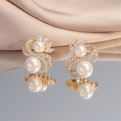 Silver Needle Pearl Earrings S-shaped Drop Zircon Temperament