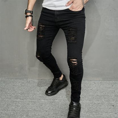 Men’s Ripped Slim-Fit Denim Jeans – Street Style with Bold Personality
