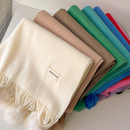 Beige Artificial Cashmere Scarf Fur Ball Winter Warm Tassel Shawl