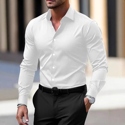 Men’s Solid-Color Long-Sleeve Button-Down Shirt – Business & Vacation Style