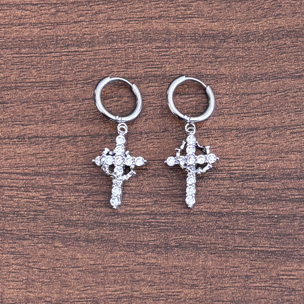 3A Zircon Crown Cross Movable Stainless Steel Ear Clip
