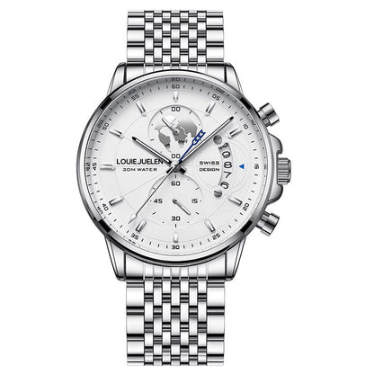 Business Three-eye Timing Leather Luminous Watch Steel Band