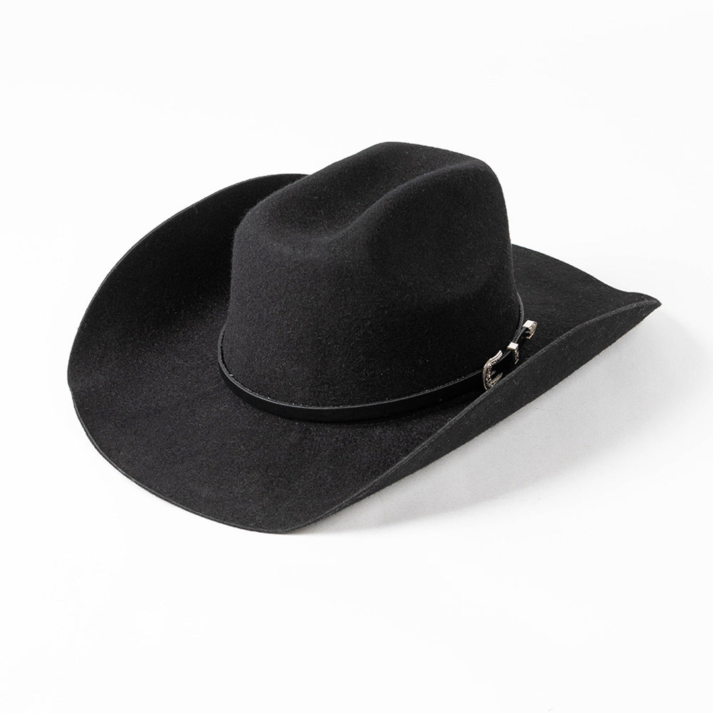 Belt Buckle Wide Brim Curling Wool Cowboy Hat