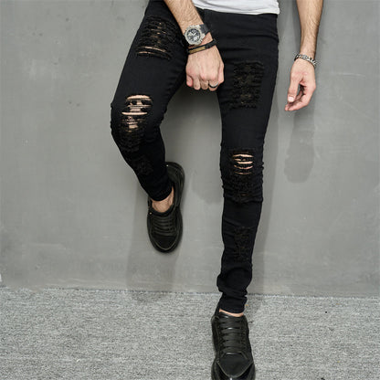 Men’s Ripped Slim-Fit Denim Jeans – Street Style with Bold Personality