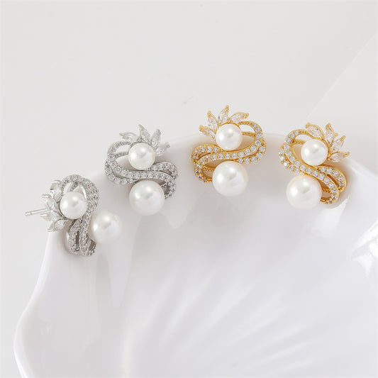 Silver Needle Pearl Earrings S-shaped Drop Zircon Temperament