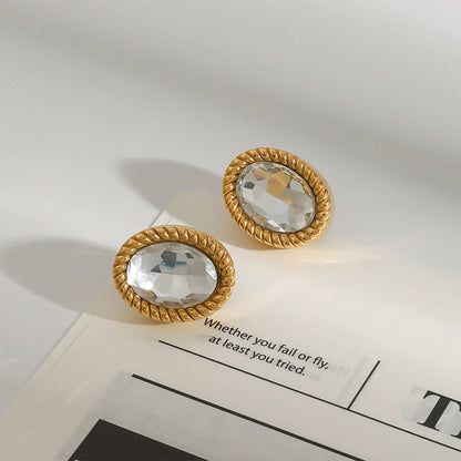 Design 18K Gold Stainless Steel Oval Glass Stone Earrings