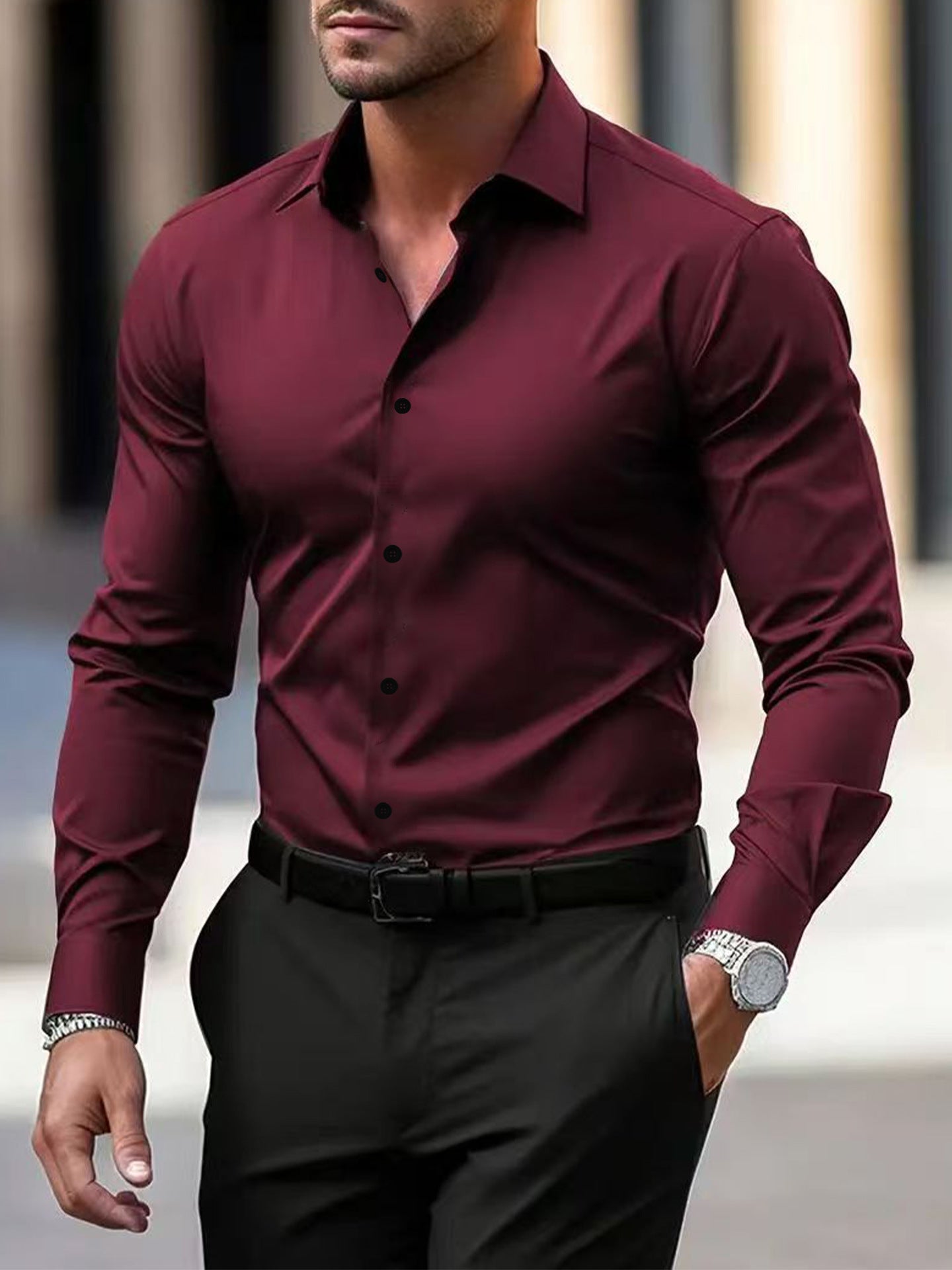 Men’s Solid-Color Long-Sleeve Button-Down Shirt – Business & Vacation Style