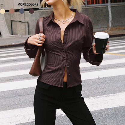 Lapel Breasted Cardigan Long Sleeve Shirt Slim Striped Top