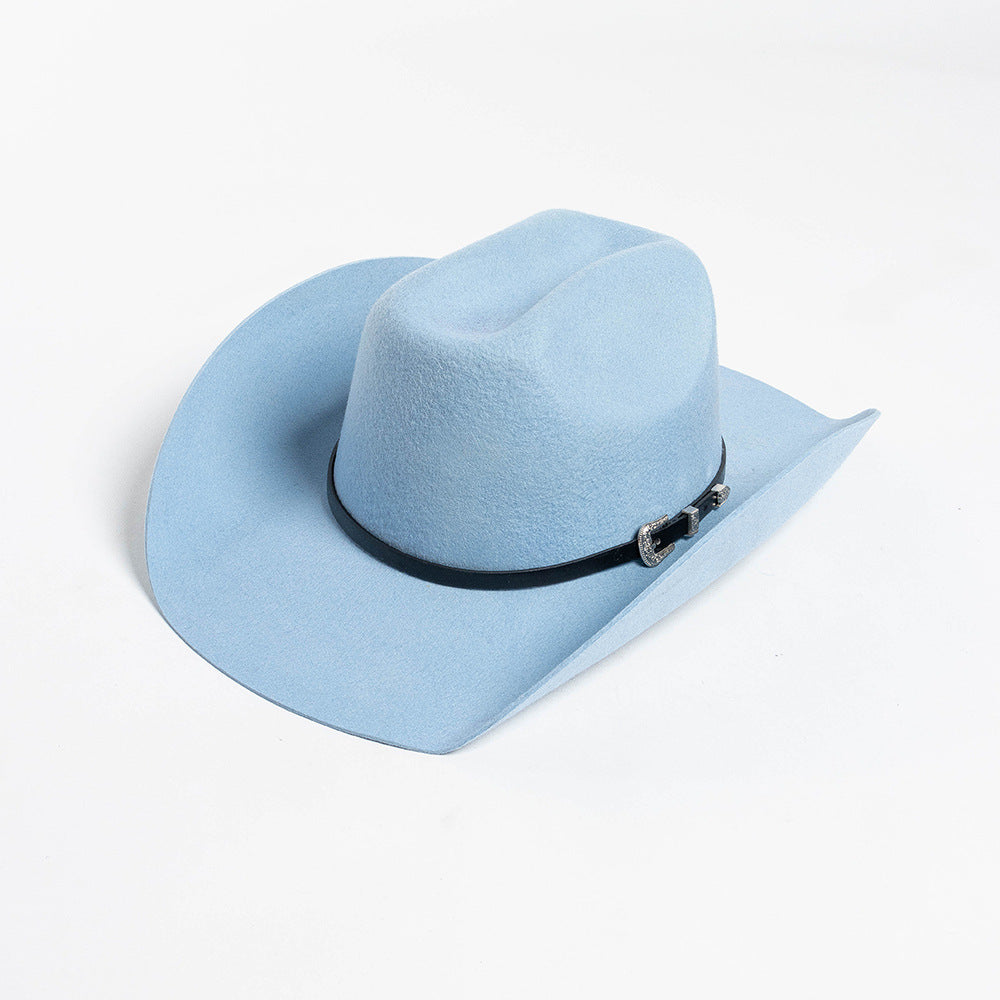 Belt Buckle Wide Brim Curling Wool Cowboy Hat