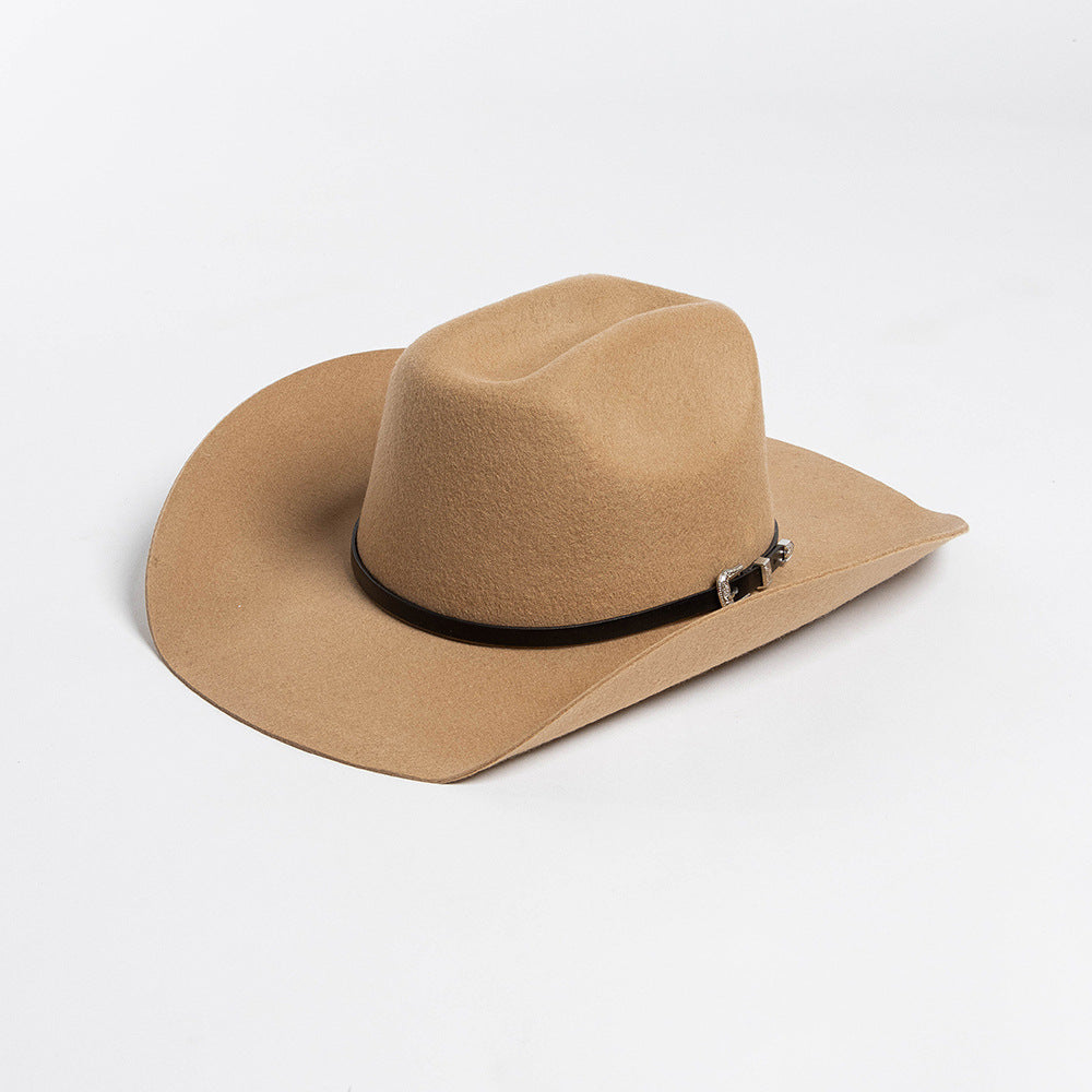 Belt Buckle Wide Brim Curling Wool Cowboy Hat