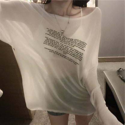Retro Alphabet Long Sleeve Loose Slimming Thin Pullover Sun Protection Shirt