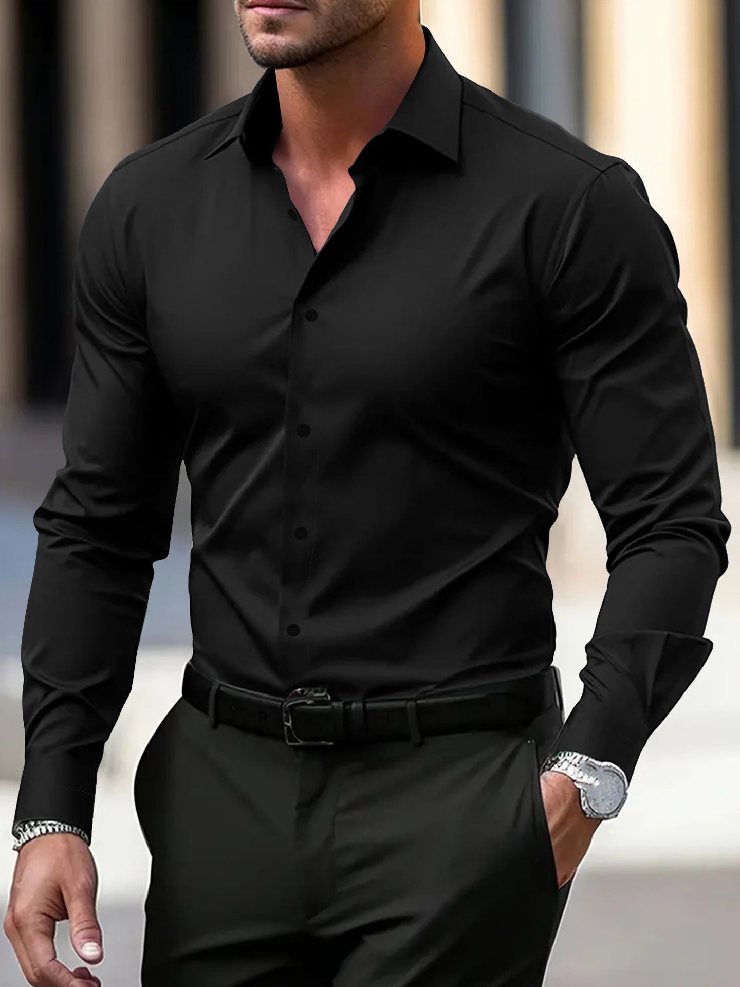Men’s Solid-Color Long-Sleeve Button-Down Shirt – Business & Vacation Style