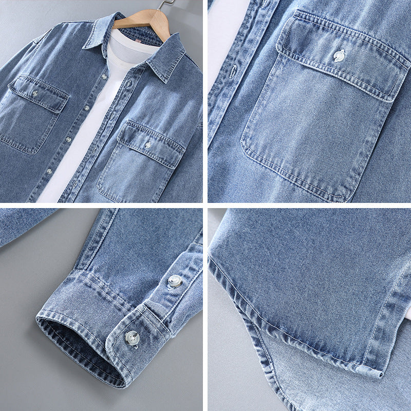 Japanese-style Retro Rewash Double Bag Men's Long Sleeve Light Color Denim Shirt